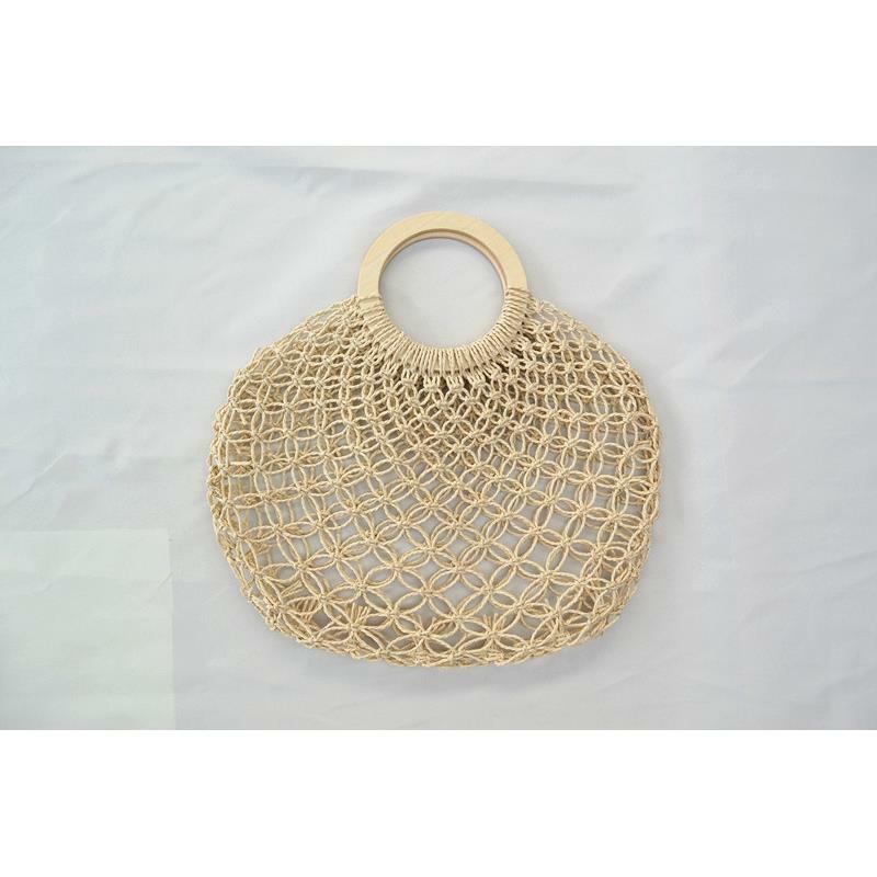 New 2020 Female Summer Straw Wrapped Paper Rope Bag Round bag with woden circular handle Mesh Net material a6237