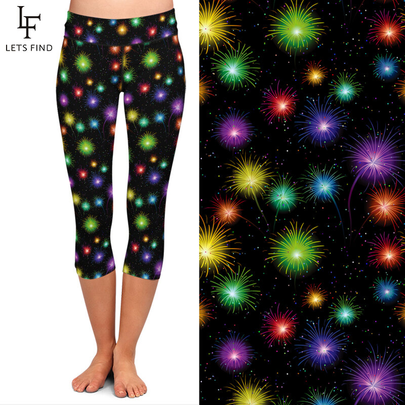 LETSFIND 2020 New Colorful Fireworks Pattern Print Leggings Fashion High Waist Fitness Mid-Calf Stretch Leggings