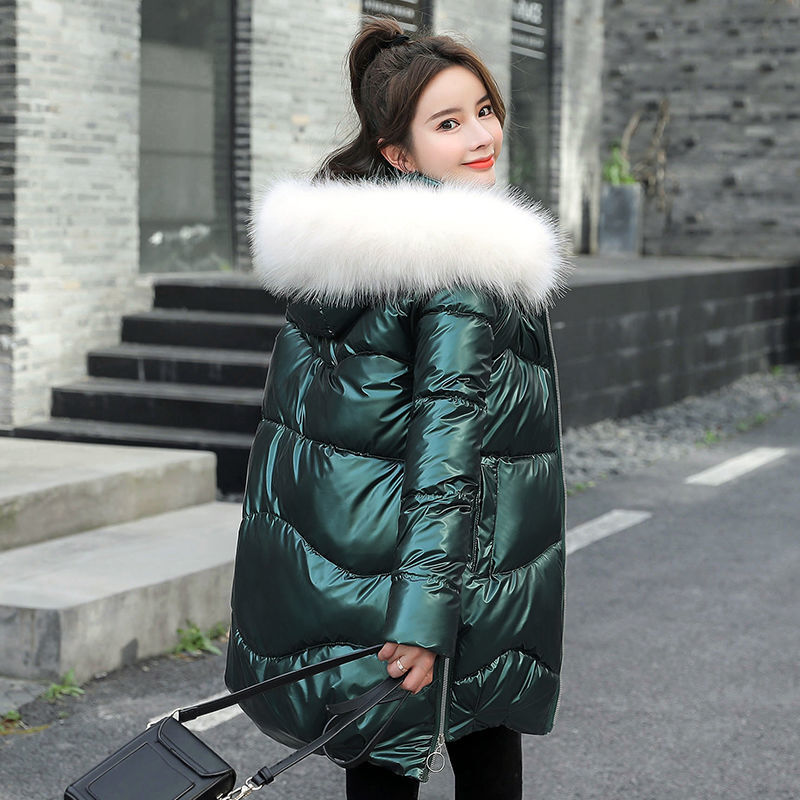 Parka com capuz lustroso para baixo feminino, jaqueta de algodão acolchoada, casual outwear, quente, feminina, inverno, novo, P985