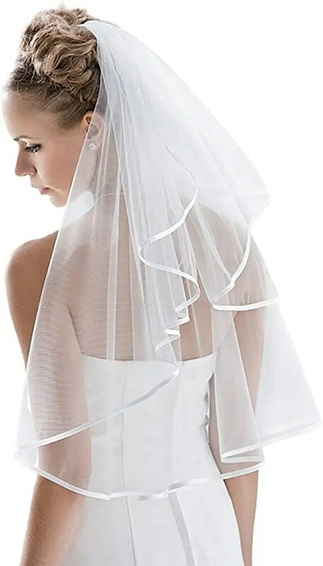 White Ivory Two Layers Bridal Veils Ribbon Edge Cheap Bride Accessories Short Women Veil  Veu De Noiva