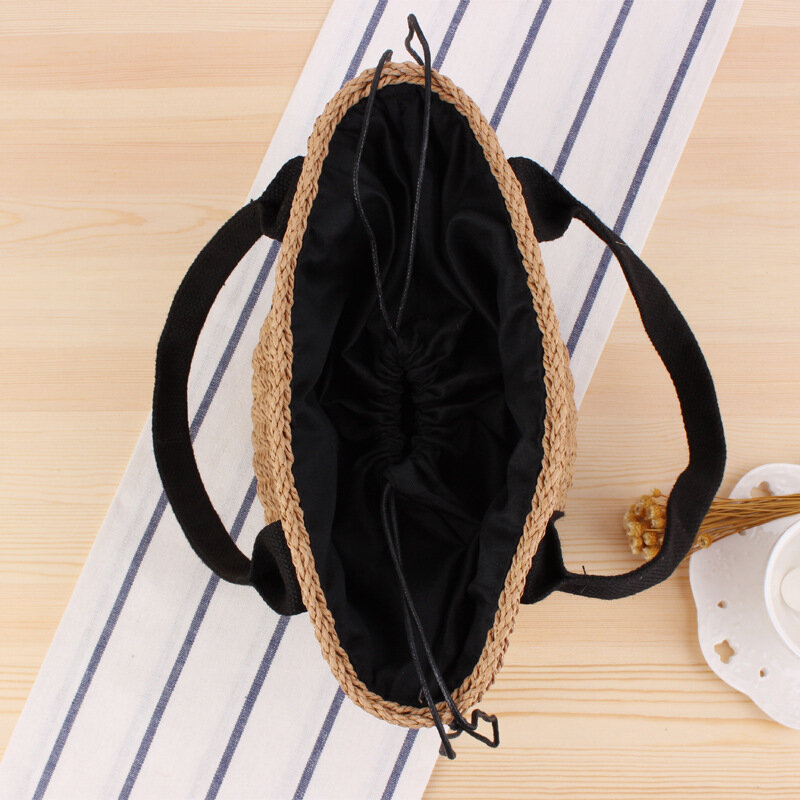 28x22CM Handbag Bucket Woven Bag Hand Carry Black Webbing Straw Bag Summer Vacation Photo Beach Bag a7222