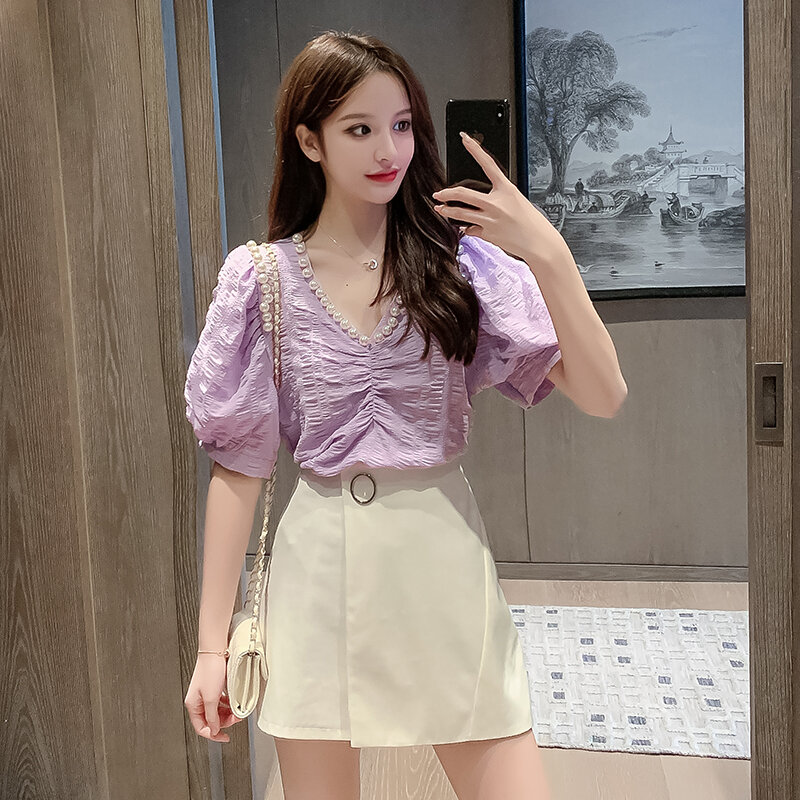 COIGARSAM Cute Short Sleeve blouse women New Summer Chiffon Pearl V-Neck blusas womens tops and blouses White Purple Green 6836