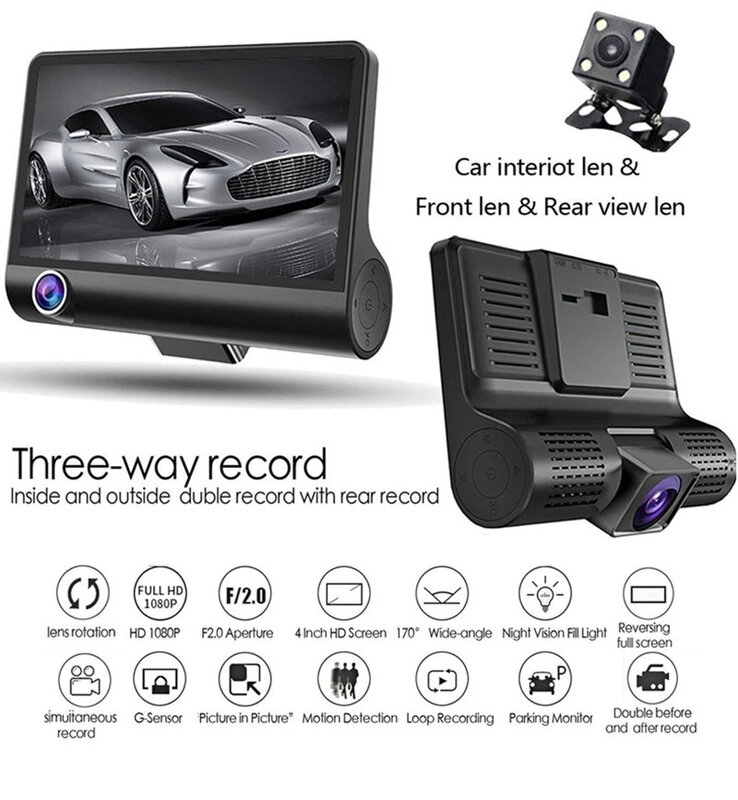 Beliewim 4.0 Inch Car DVR Full HD 1080P 3 Cameras Lens Dash Camera Night Vision Video Recorder Auto Car Camera Wide Angle
