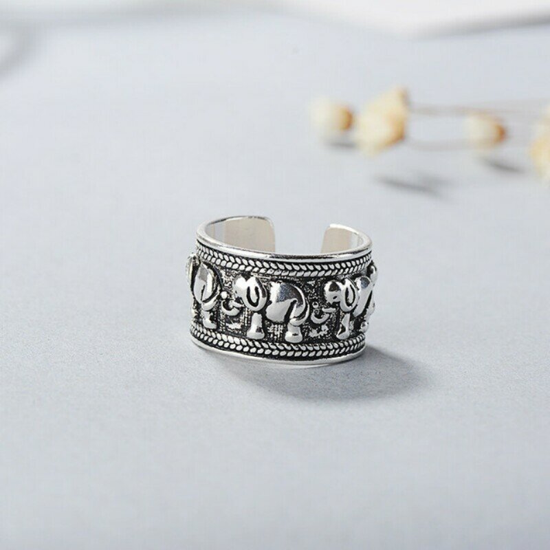 Женское Винтажное кольцо со слоном, регулируемое кольцо из тайского серебра 925 пробы, ювелирное изделие в подарок