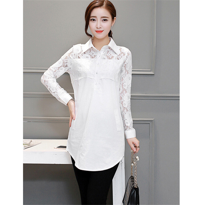Nowa wiosna jesień kobiety Midi długi biały bluzka topy kwiatowy drążą koronkowe bluzki damskie koszule z długim rękawem Plus rozmiar 5XL A1837