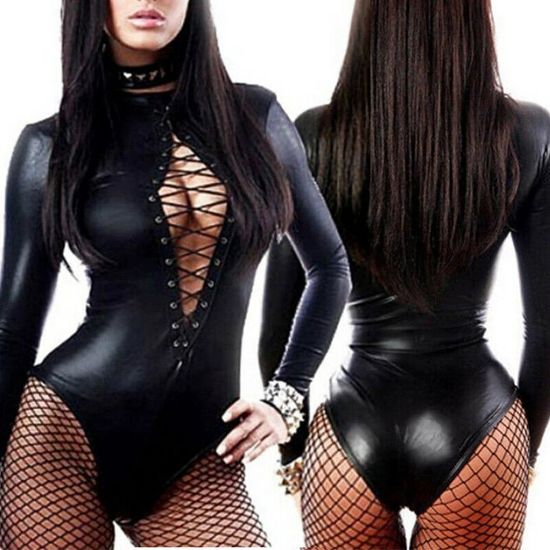 Body sensual feminino, macacão em couro artificial com malha de couro preto, curativo e sensual para mulheres