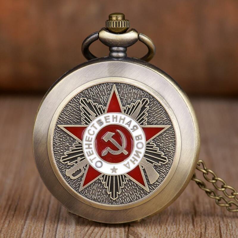 Jam Saku Quartz Perunggu Antik USSR Pentagram Lambang Pesta Uni Soviet Jam Tangan Wanita Pria Bergaya dengan Rantai