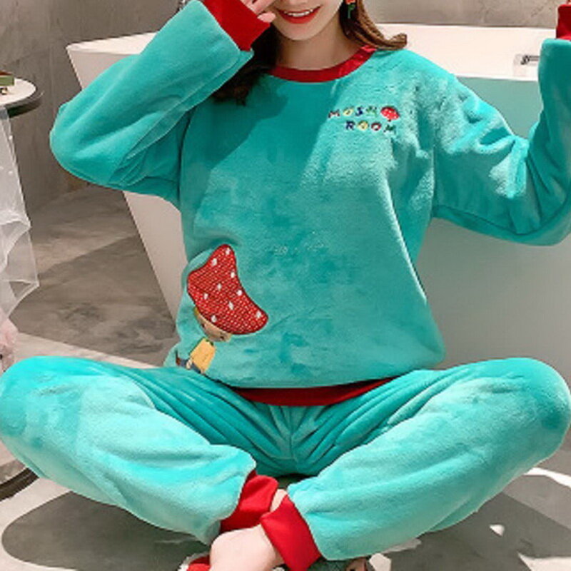 Pijama de mujer de invierno de franela de manga larga grueso más Velvet Coral Fleece lindo Otoño e Invierno servicio al hogar traje de mujer