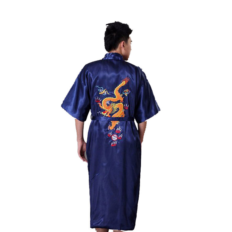 고품질의 새로운 네이비 블루 중국 전통 남성 가운 자수 드래곤 새틴 잠옷, 빈티지 기모노 유카타 목욕 가운 011031