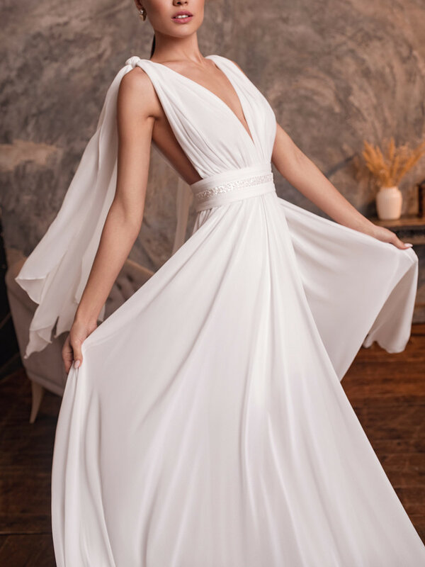 Vestido de novia de gasa con cuello Halter, sin mangas, línea A, largo hasta el suelo, hecho a medida, cintas