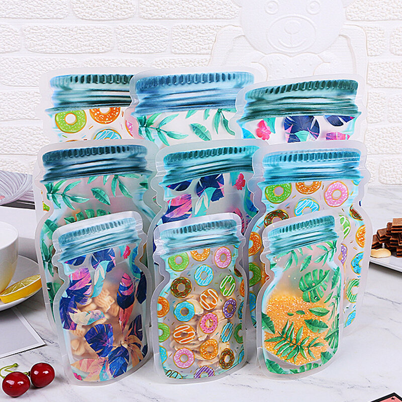 10pcs Mason Bottles Type Bags Donut Print Candy Snacks Sealed Plastic Bags for Home Storage Supply Donut Birthday Party Decor