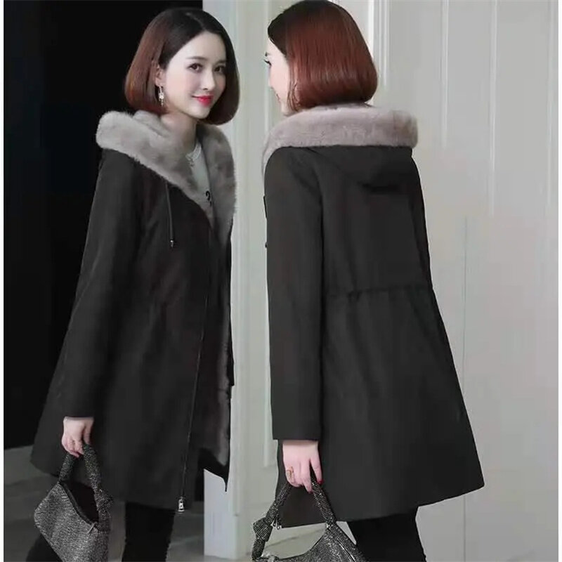女性のミドル丈の冬用ジャケット,イミテーションファーのイミテーションレザーの韓国版,2021