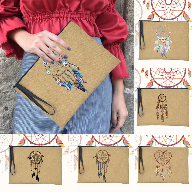 Dreamcatcher pochette da donna Tote Bag moda Casual cerniera lino trucco cosmetico borsa borsa cuore stampato femminile migliori regali