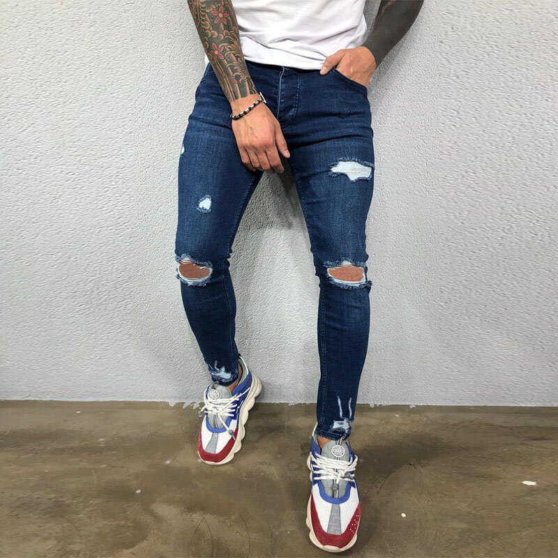 Pantalones vaqueros rasgados para hombre, Jeans ajustados elásticos con agujero en la rodilla, Color sólido negro y azul, estilo Hip-Hop, S-4XL