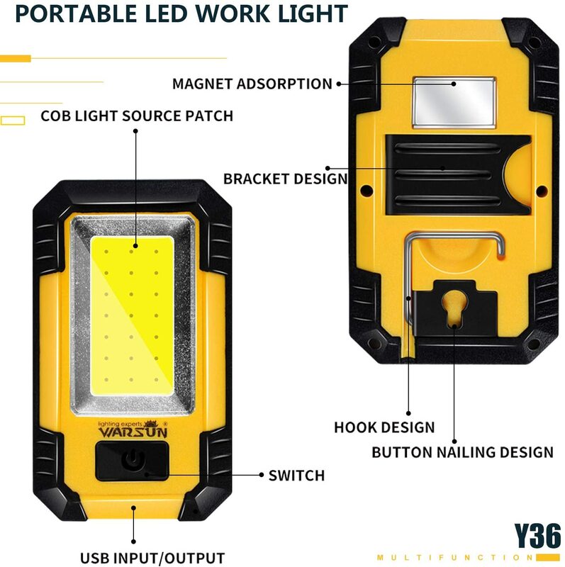 LED Portabel Daya Isi Ulang Lampu Kerja Dasar Magnetik Kait Gantung 30W 1200Lumen Super Terang untuk Perbaikan Mobil Berkemah Memancing