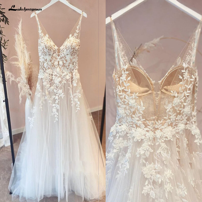 Lkshmigown-チュールのウェディングドレス,ラインの花のディテール,Vネック,ビーチ下着,trouwjurkドレス