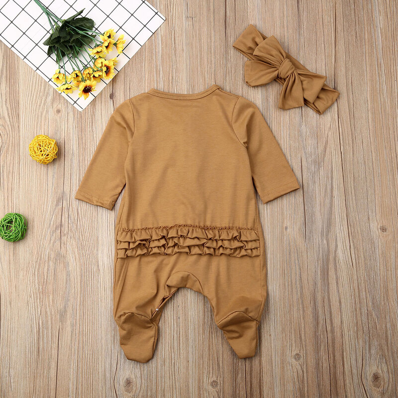 0-12M Newborn infant Baby Footies jumpsuit +Headdress long sleeve ruffled solid cotton comfortable baby boy girl clothes