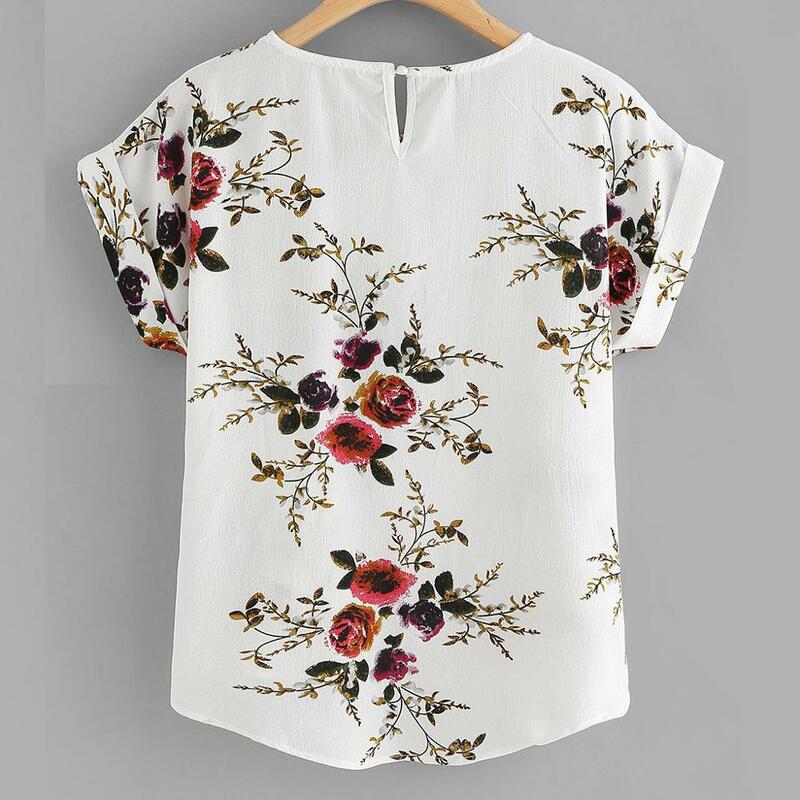 Летняя модная блузка с цветочным принтом, пуловер, женская футболка с круглым вырезом, топы для женщин, женская рубашка с коротким рукавом, ...
