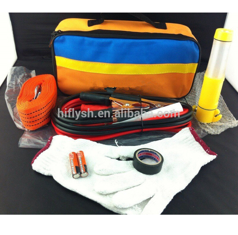 Kit de seguridad de emergencia para coche, martillo de seguridad, cuerda de remolque, guantes de punto, cinta eléctrica, cable de batería, reflectante portátil
