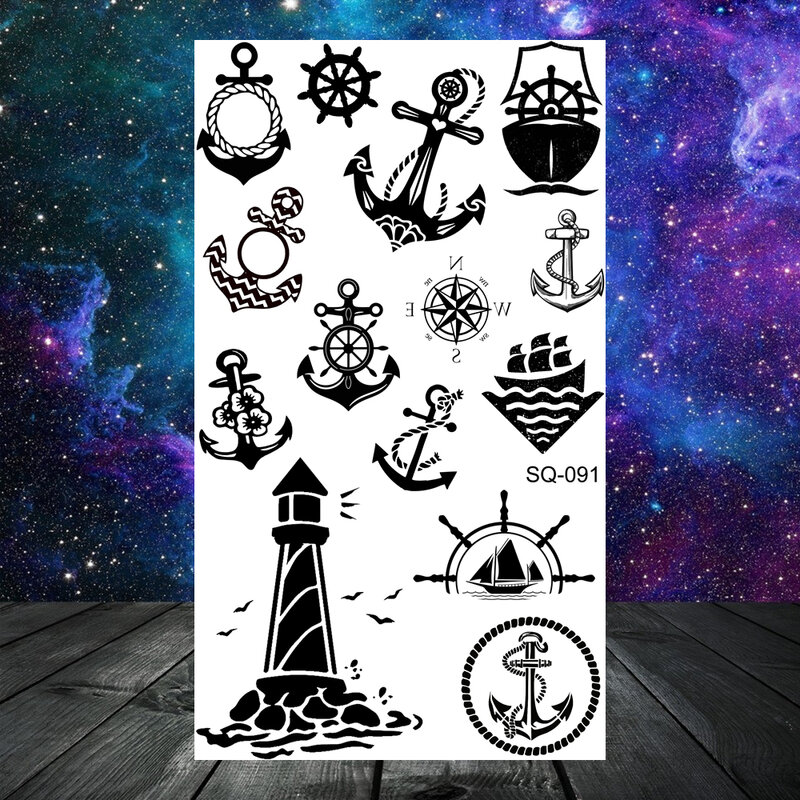 Tatuajes temporales de calavera pirata con ancla para mujeres, hombres, niños, barco astronauta, caballito de mar, tatuaje falso, cuello, brazo, mano, tatuaje pequeño