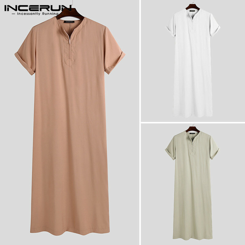 INCERUN Mens Solid Color Robes Saudi Style Zipper Jubba Thobe Man Vintage Short Sleeve O Neck Muslim Arabic Islamic Clothing 5XL