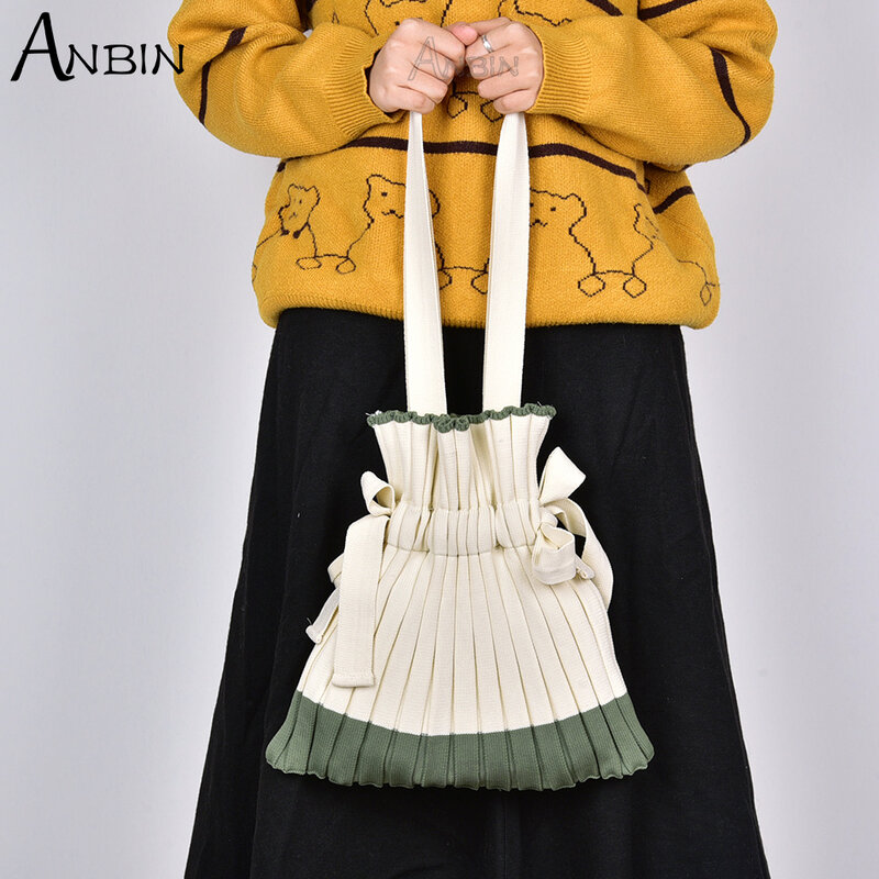 ANBIN damska torba na ramię kobieta Knitting torebka ściągana sznurkiem Fashion Design dziewczyna ładny kolor szwy Tote torba podróżna na zakupy