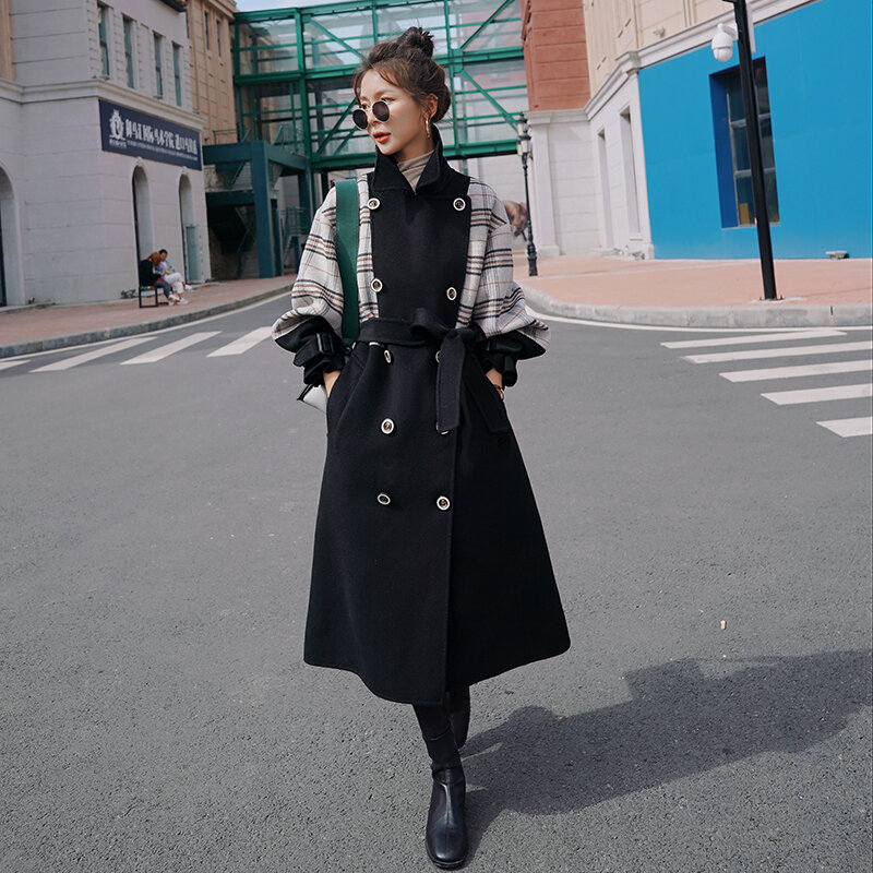 2021 Female Jackets Autumn Winter Plaid Splicing Over Knee British Loose Slimming Mid-Length Casual Thickened Warm Woolen Coats