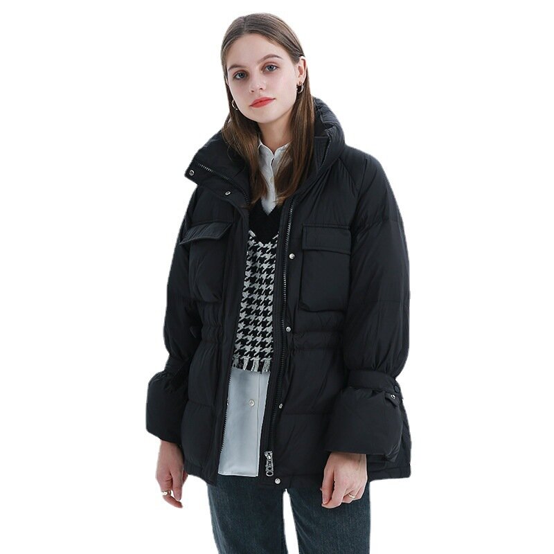 เสื้อแจ็คเก็ตสตรียืนคอหญิงสายยาวหลวม2021 New Street ลำลองเอว90% เป็ดสีขาวลงเสื้อแจ็คเก็ต