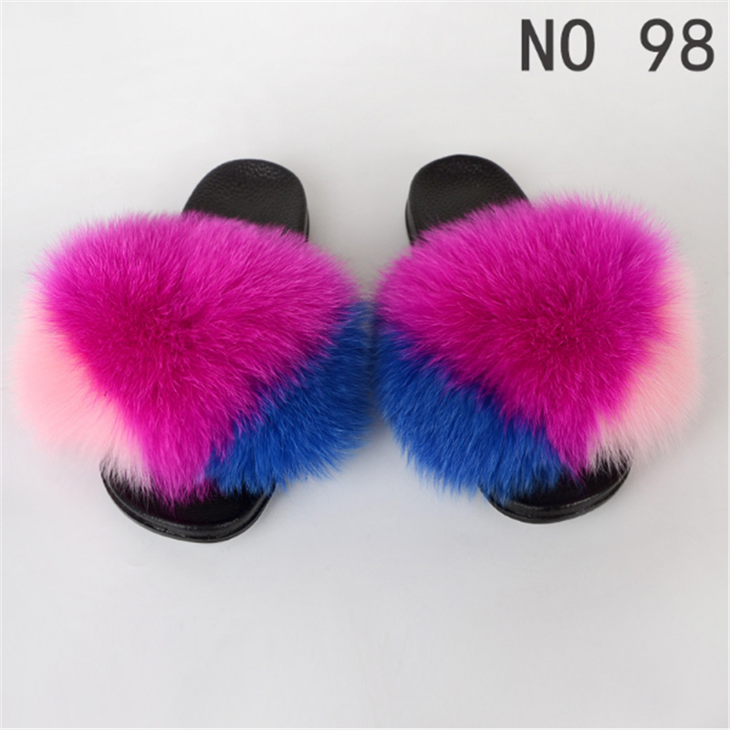 Summer Sexy Female Fox Fur Slippers Furry flip-flops Woman fluffy Slides Multi Color Sandals fluffy flip flops  Size EVA Shoes