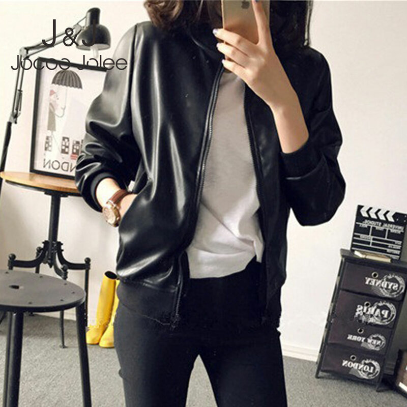 Jocoo Jolee-Chaqueta holgada de cuero sintético para mujer, abrigo Bomber coreano con cremallera, chaqueta de motociclista negra, prendas de vestir de gran tamaño, otoño