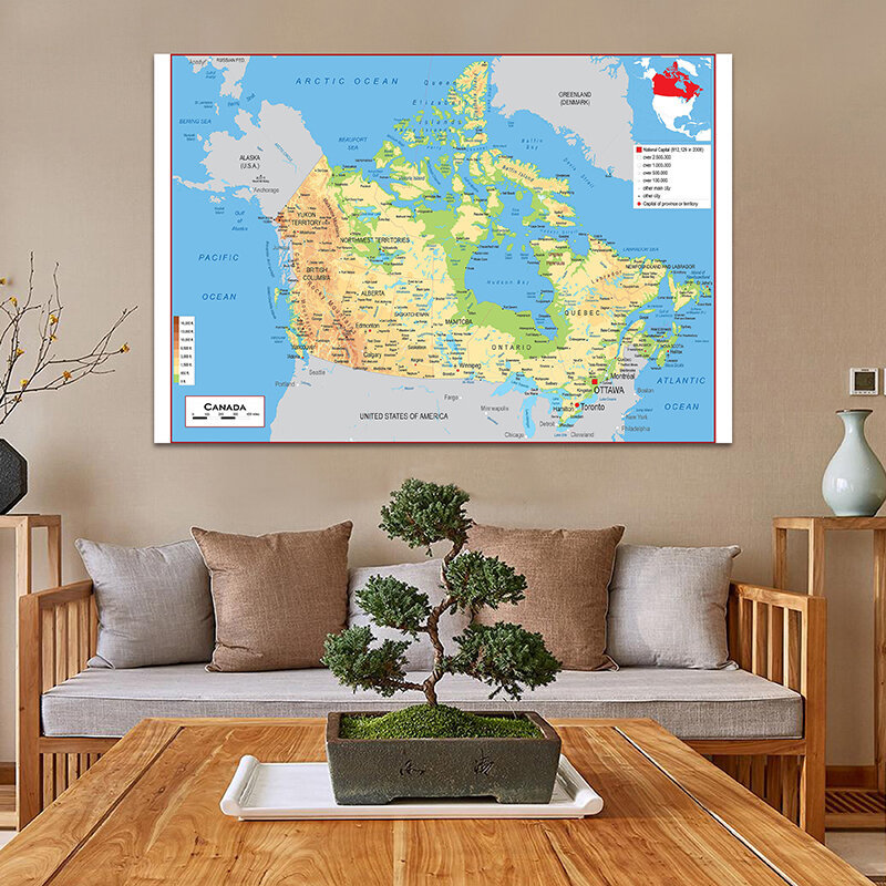 Pósteres e impresiones del mapa otográfico de Canadá en francés, arte de pared no tejido para decoración del hogar y la sala de estar, sin marco, 150x100cm