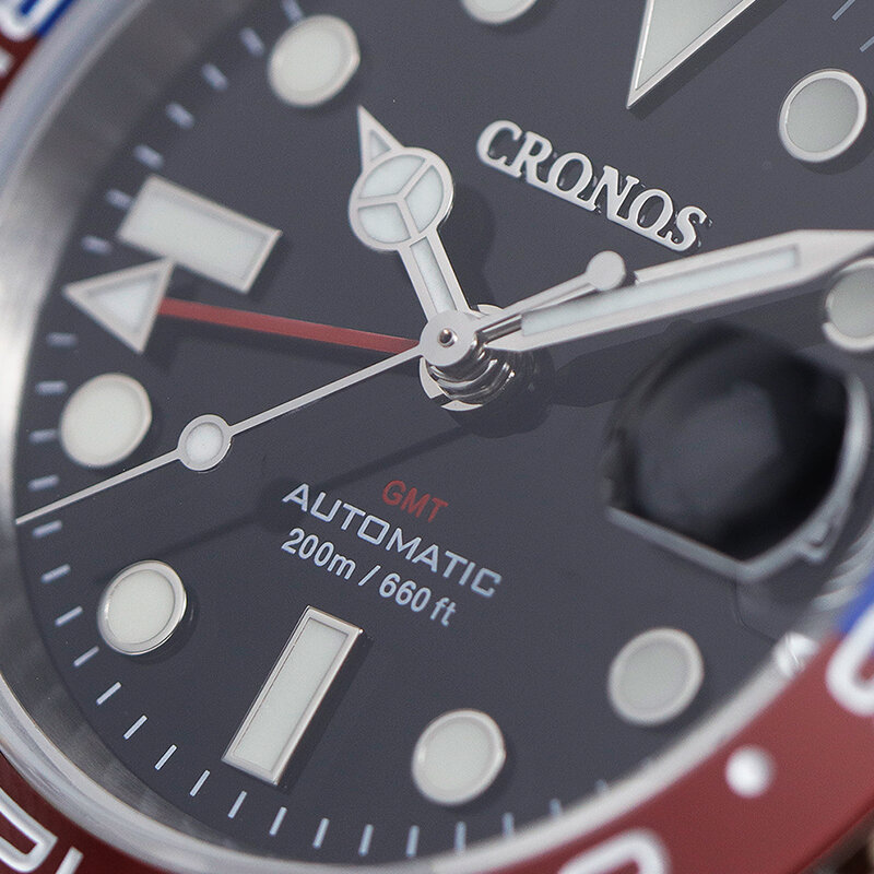 Cronos GMT orologio automatico da uomo lunetta bidirezionale zaffiro 20 ATM NH34 bracciale in metallo solido a 5 maglie BGW-9 Lum