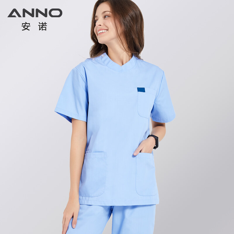 ANNO-Uniformes De Enfermeira Azul, Terno Dentário Bonito, Conjuntos De Roupas Hospitalares, Tops, Terno De Trabalho De Bottoms, Azul Esfrega Roupas
