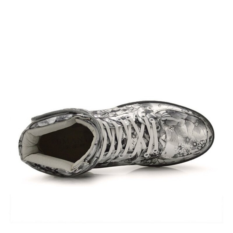 Homens de prata impressão botas de couro genuíno coreano casual marca de luxo moda round toe botas calçados alta qualidade confortável