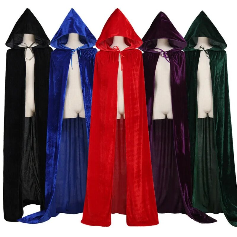 Volwassen Halloween Fluwelen Mantel Cape Hooded Middeleeuwse Kostuum Heks Wicca Vampire Halloween Kostuum Volledige Lengte Jurk Jassen 5 Kleuren