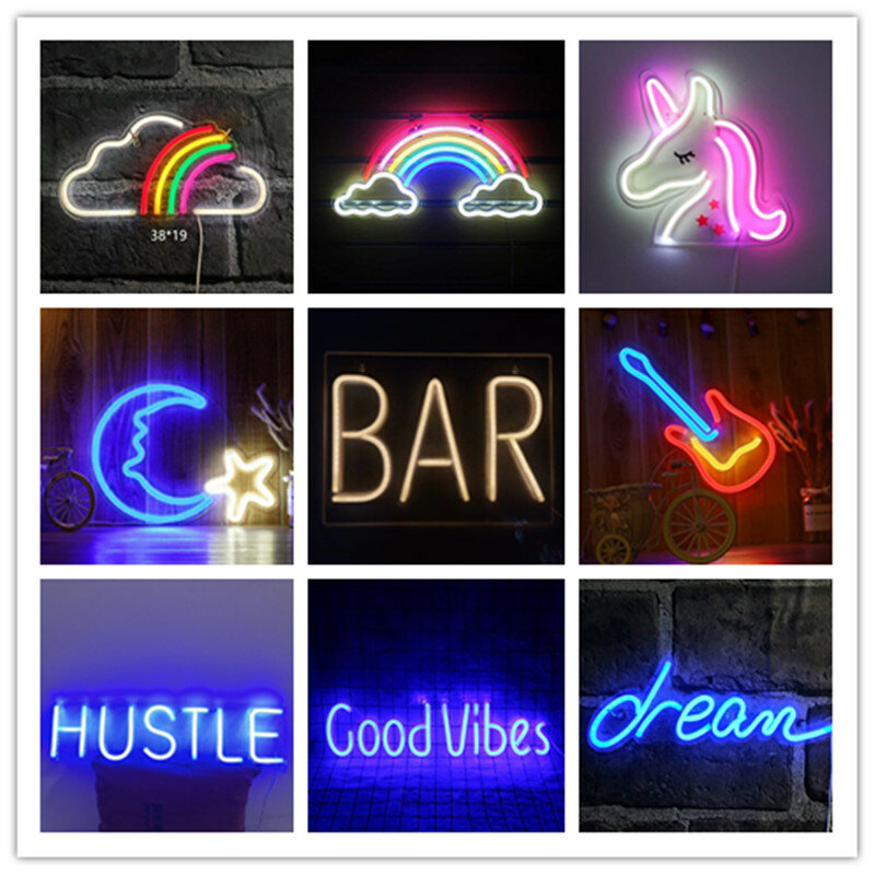 10 Kind LED Neon Lights Hanging Neon Wall Sign Unicorn Rainbow Bar Light for Christmas Holiday Party Home Art Decor Neon Pub