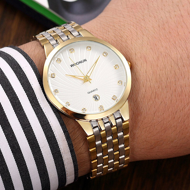 Woonun relógio masculino luxuoso com diamantes, de ouro aço inoxidável quartzo envio grátis