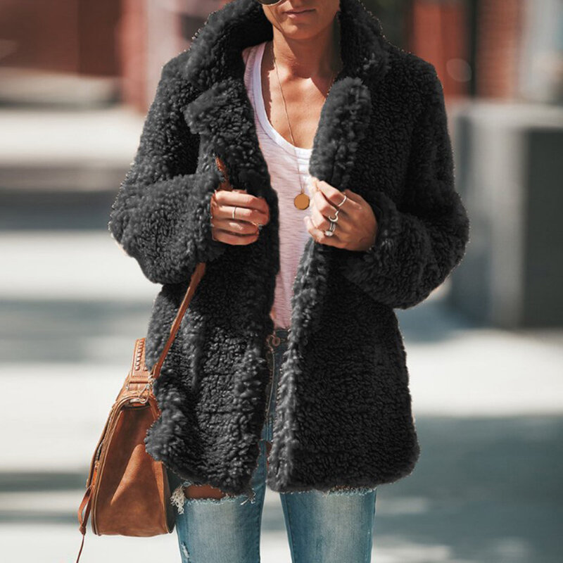 여성용 라펠 넥 긴팔 플러시 인조 모피 코트, 2020 겨울 오픈 프론트 롱 재킷, 따뜻한 아웃웨어, 캐주얼 가디건