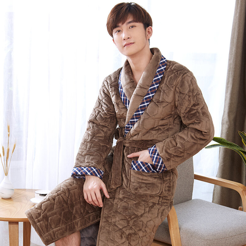 Albornoz de franela gruesa para Hombre, Kimono acolchado de 3 capas con costuras a cuadros, talla grande XXXL, para invierno