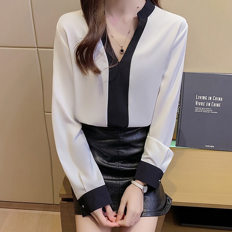 여성 쉬폰 블라우스 패션, 한국 v넥 루즈한 긴팔 셔츠 상의, 2021 봄 패션