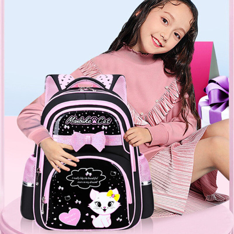 6-12 Year Old Child's School Bag  Girl PU Cute Cat Black Pink Bow School Backpack Starting School Orthopedic Kawaii Bookbag