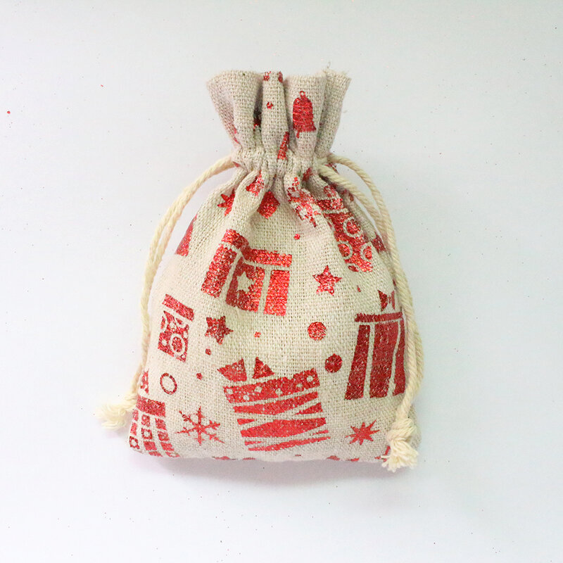 Bolsa de yute de algodón Natural para decoración de fiestas, bolsa de regalo barata para Navidad, 5 unids/lote, puede imprimir logotipo