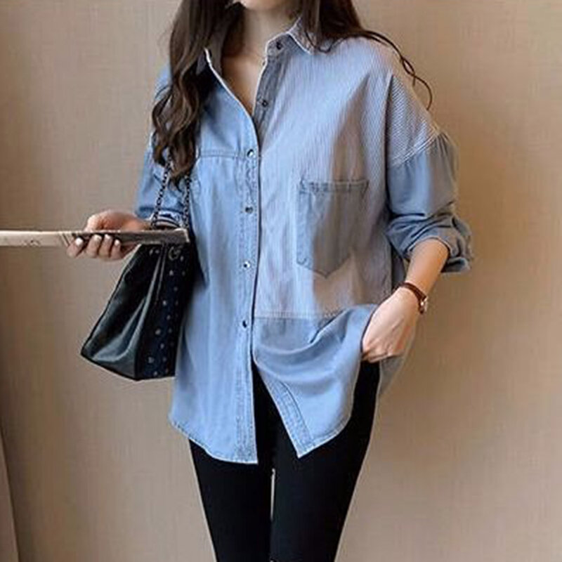 패치 워크 데님 헝겊 블라우스 여성 2020 봄 여름 긴 소매 줄무늬 청바지 셔츠 세련된 여성 탑스 Preppy 스타일 S-XL