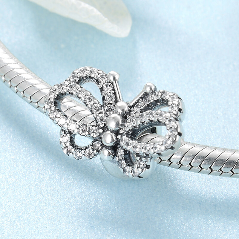 925 srebro przezroczysta cyrkonia Vintage Butterfly diy przekładka koraliki Fit oryginalny Pandora Charms bransoletka tworzenia biżuterii
