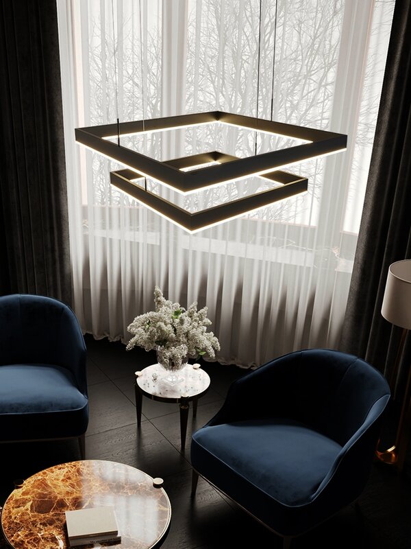 Nowy nowoczesny minimalistyczny Led żyrandol do salonu czarny wzór kwadrat jakości oświetlenie domu jadalnia oświetlenie do sypialni Hall Chande