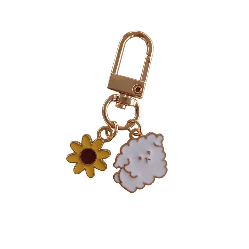 Gato bonito dos desenhos animados e Puppy Keychain, Sun Flower Chaveiro Cadeia Charm Key Holder Pingente Trinket Bag, presente de moda para crianças