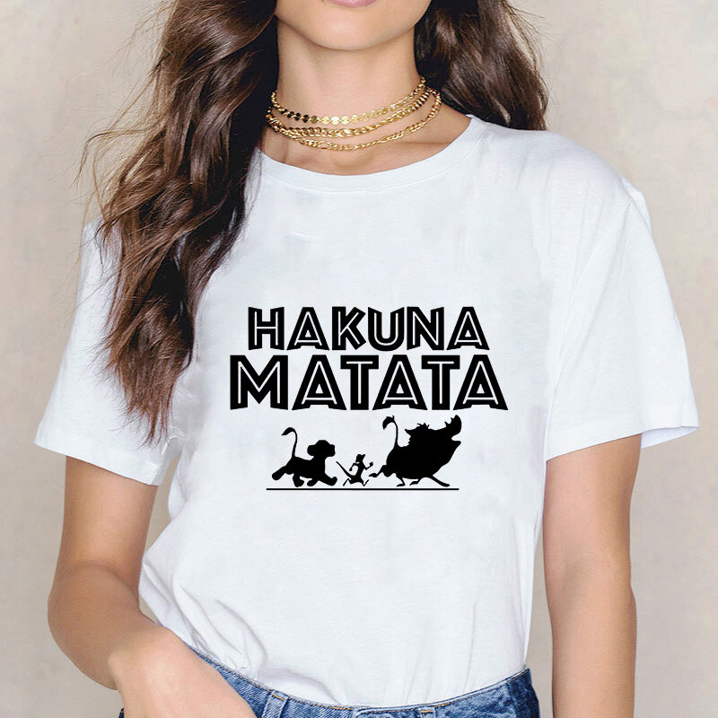 LUSLOS HAKUNA MATATA T Hemd Frauen Casual Weiß Oansatz T Tops Cartoon Print Nette Femme Kurzarm T-shirts Harajuku Tees
