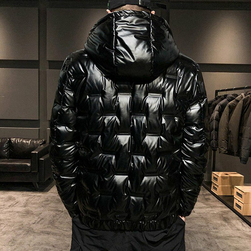 Winter Polyester Men's Down Jacket Hooded Long Sleeve Cardigan Pockets Zipper Slim Solid Thick Glossy Fashion Casual Down Jacket