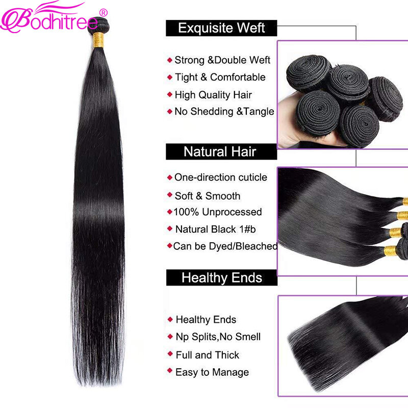 BODHI TREE-mechones de cabello humano 100% Natural para mujer, extensiones de cabello liso, tejido de hueso, 8 "-30", 3/4 Uds.
