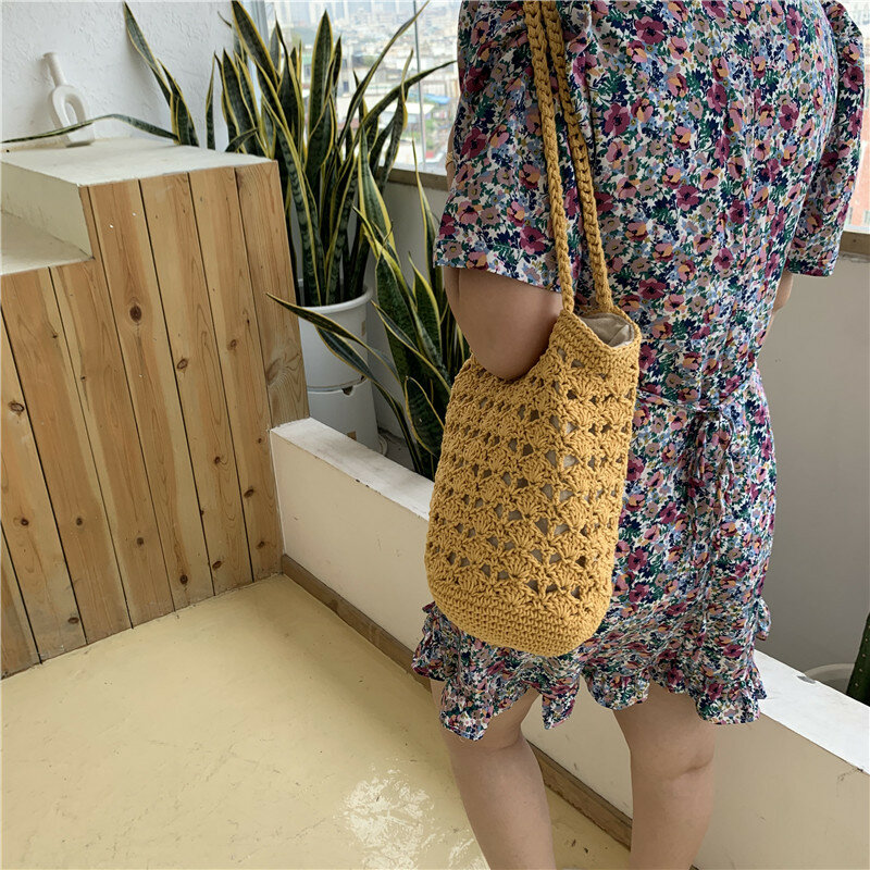 New Korean Holiday Summer Bag Elastic Hand Made Hemp Rope Woven Bag Female Straw Bag Shoulder Bucket Bag